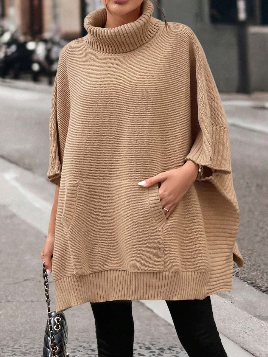 Chiquease Women's Casual Loose Poncho Sweater With Large Pockets, Knit Pullover Fall Winter - Khaki - View 1