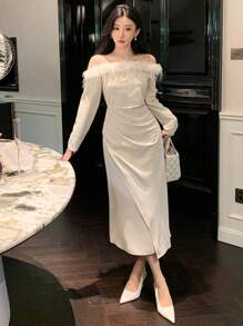 DAZY Damska asymetryczna dzianinowa sukienka midi z odkrytymi ramionami i długim rękawem w jednolitym kolorze, sukienka na bal urodzinowy, ubrania na jesień