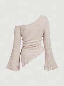 SHEIN MOD 大码女式杏色抽绳不对称下摆喇叭袖 T 恤、露肩 T 恤、秋季女装、舒适 T 恤