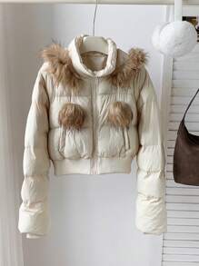 Comfortcana Women's Fluffy Patchwork Hooded Zip-Up Padded Coat With Pockets, Fall/Winter - Apricot - View 3