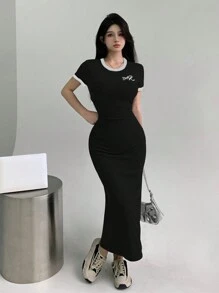 DAZY 休闲百搭拼色短袖修身连衣裙 - 黑色 - 查看 3