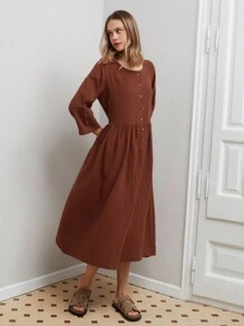 RueChic WOMAN BROWN ELEGANT MUSLIN LONG DRESS - Brown - View 7