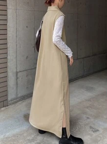 FRIFUL Robe longue en tricot à col montant et boutons latéraux unicolore décontractée pour l'automne et l'hiver - Kaki - Voir 4