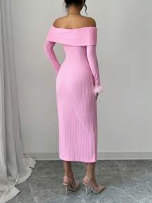 Rafferiza Elegant Off Shoulder Ribbed Knit Fuzzy Cuff Fitted Dress, Autumn - Pink - View 2