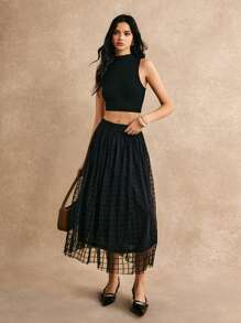 Poéselle Scallop Waistband Geo Mesh Overlay Skirt - Black - View 4