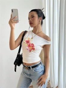 INAWLY 女士花卉印花褶皱修身不对称领口 T 恤 - 彩色 - 查看 3