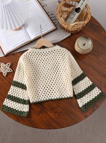 Áo len tay loe kẻ sọc nhiều màu đơn giản cho bé gái, mùa thu/đông - xanh quân đội - Xem 2