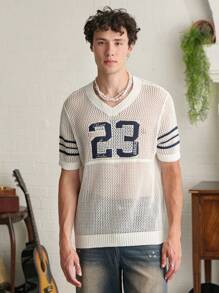 Manfinity Campus Court Aesthetic Post--Men's Casual Contrast Stripe & Numeric Perforated Knit Top, Summer - Multicolor - View 6