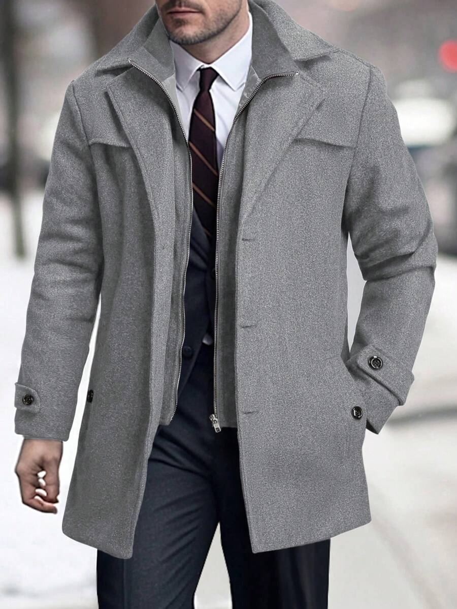 Manfinity Mode Men's Long Sleeve Solid Color Zip Front Casual Loose Grey Overcoat, Autumn, Men Outerwear, Old Money - Light Grey - View 1