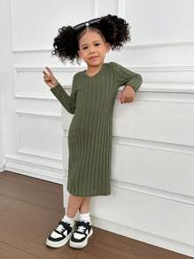 SHEIN SLAYR KIDS SLAYR KIDS Đầm midi cổ chữ V cho bé gái Mommy & Me, co giãn và thoải mái cho bé gái/bé gái, tuyệt vời để mặc thường ngày và hàng ngày cũng như đi học hàng ngày vào mùa xuân và mùa thu, phù hợp cho mẹ và con gái, phù hợp cho chị em và tôi - màu xanh lá - Xem 4