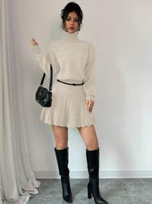 Chiquease 2pcs Set Of Solid Color Loose Pleated Skirt And Turtleneck Sweater Casual Suit