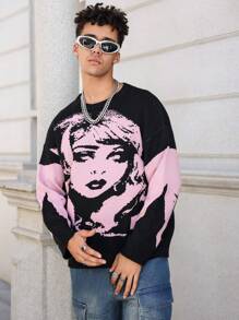 Manfinity Roghcode Men's Casual Portrait Pattern Loose Drop Shoulder Sweater, Suitable For Autumn/Winter Everyday Wear - Multicolor - View 5