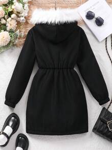 SHEIN 青少年女孩休闲日常保暖保暖衬里拉链连帽衫，秋冬 - 黑色 - 查看 2