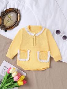 Baby Girl Fashion Cute Lace Faux Pocket Knit Bodysuit - Yellow - View 1