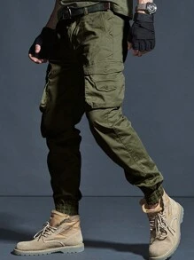 Manfinity Homme Men's Solid Color Multi-Pocket Casual Cargo Pants, Daily Wear
