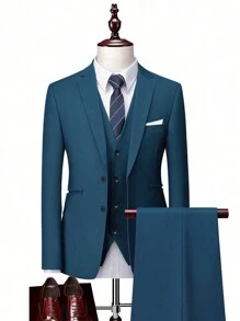 Manfinity Mode 3pcs/Set Men's Solid Color Long Sleeve Suit Jacket, V-Neck Buttoned Vest, And Suit Pants, Business Suit Set - Dark Green - View 1