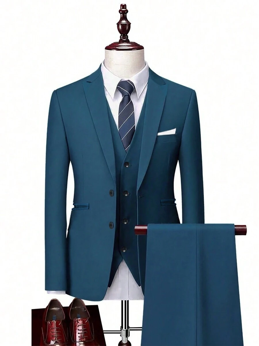 Manfinity Mode 3pcs/Set Men's Solid Color Long Sleeve Suit Jacket, V-Neck Buttoned Vest, And Suit Pants, Business Suit Set - Dark Green - View 1