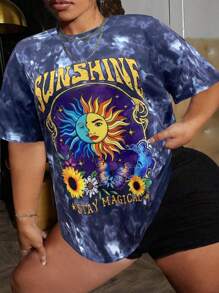 Maweii 大码时尚扎染太阳和字母印花短袖 T 恤、图案 T 恤、女式夏季上衣 - 彩色 - 查看 4