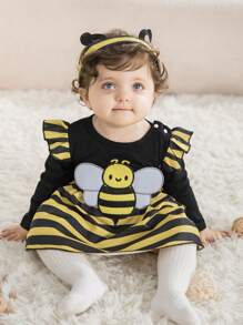 SHEIN Newborn Baby Girl Cute Bee Plush Decor Round Neck Ruffled Sleeve Striped Patchwork Dress With Horned Headband