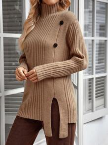 Miaspire Women's Turtleneck Ribbed Side Slit Button Sweater Brown Vest Yellow Long Sleeve Brown Top Winter Women Outfits Fuzzy Top Orange Long Sleeve Brown Corset Top Costume Winter Women Dress Brown Long Sleeve Fall Women Outfits