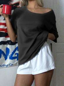 SHEIN Essnce Camiseta holgada de color gris oscuro de estilo minimalista casual, adecuada para el verano, para mujeres