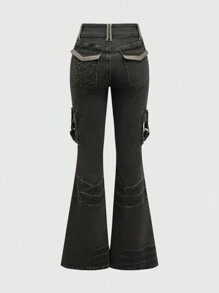 ROMWE Grunge Punk 复古 Y2K 喇叭牛仔裤，弹力水洗多口袋女式牛仔裤