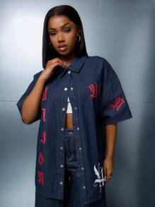 SUMWON WOMEN Street Pinstripe Boxy Sleeves Button Down Graphic Shirt Dress - Blue - View 3