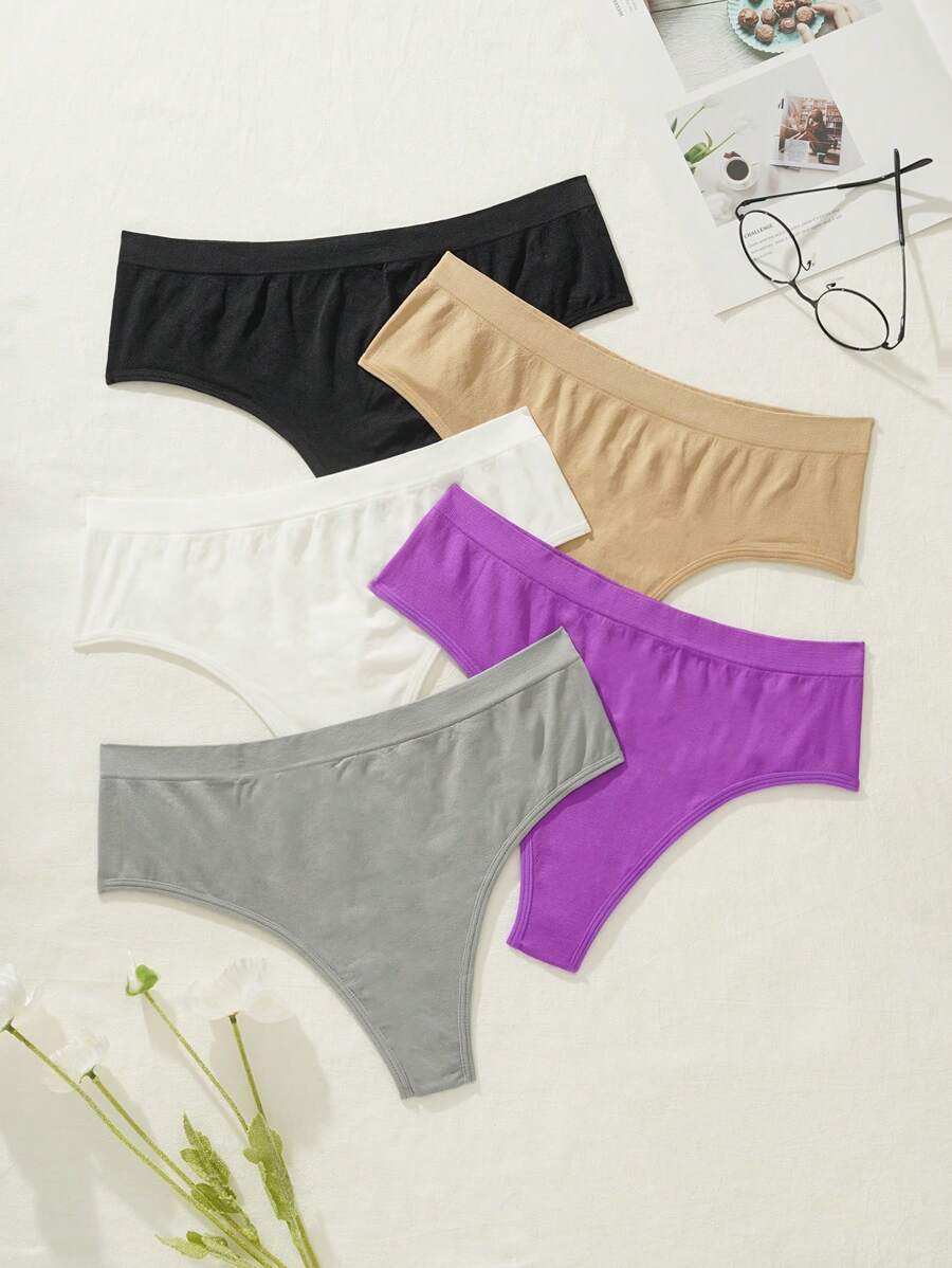 5pcs/Set Women's Solid Color Minimalist Standard Size Triangle Briefs, Casual Everyday Wear - Multicolor - View 1