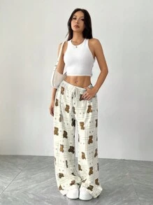 SHEIN EZwear 女士格子卡通熊印花抽绳腰阔腿休闲裤 - 杏色 - 查看 3
