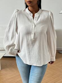 Flirla Plus Size Casual Textured Button Up Shirt, Autumn - White - View 5