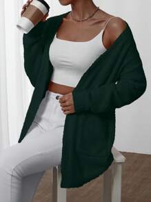 Chiquease Solid Color Casual Cardigan With Pockets, Versatile Long Sleeve Knit Sweater - Dark Green - View 4