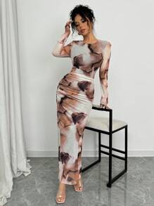 Selianne 优雅渐变长袖修身女式连衣裙长裙套装 - 彩色 - 查看 3