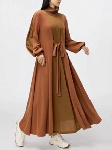 Seusyu Women Casual Contrast Color Block Drawstring Hem Hooded Long Sweatshirt Dress, Autumn/Winter - Brown - View 4