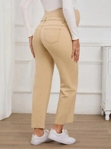 SHEIN Pantalones vaqueros rectos y sueltos de unicolor para maternidad, para primavera y otoño - Caqui - Ver 2