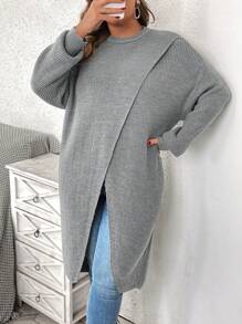 SHEIN VCAY Plus Size Women Casual Daily Solid Color Side Slit Relaxed Fit Sweater, Autumn/Winter - Dark Grey - View 6