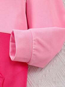 SHEIN 2 件女童运动衫套装，拼色连帽运动衫和休闲长裤，适合秋冬季 - 玫紅色 - 查看 7