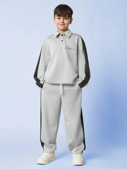 SUMWON 长袖 Polo 衫套装，翻领落肩设计，抽绳长裤，撞色袖子，现代休闲运动装