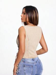 SHEIN EZwear MOD 女式牛仔背心 牛仔衬衫 牛仔背心 牛仔上衣 牛仔夹克 复古茶歇风格 无袖背心 配系带腰带 甜美弹力卡其色 - 卡其色 - 查看 2