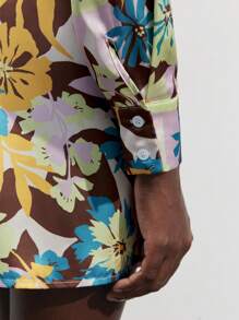 Maija 1pc Women Floral Print Long Sleeve Ruched Elegant Stylish Mini Dress - Coffee Brown - View 3