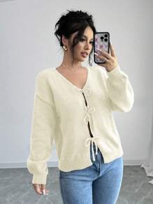 SHEIN Unity 女士休闲纯色前系带落肩开衫，秋冬季长袖上衣 - 杏色 - 查看 6