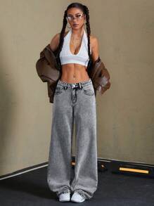 SHEIN ICON Pantalones largos de mezclilla con múltiples bolsillos y botones al frente, para uso casual diario - Gris - Ver 3