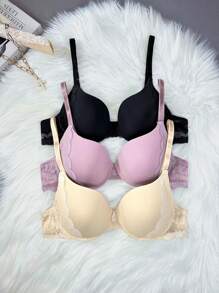 1 件女士简约纯色蕾丝拼接文胸