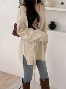 DAZY 女式 V 领宽松麻花针织收腰套头衫，秋季女装