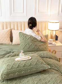 3 件绿色纯色簇绒保暖毛绒柔软羊毛羽绒被套床上用品套装毛绒人造毛皮透气亲肤被子羽绒被套 *1 枕套 *2 带拉链开合特大号双人床宿舍必备床上用品 - 綠色 - 查看 2