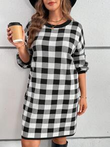 EMERY ROSE Plus Size Women Casual Plaid Lantern Sleeve Knitted Sweater Dress, Autumn/Winter - Black and White - View 6