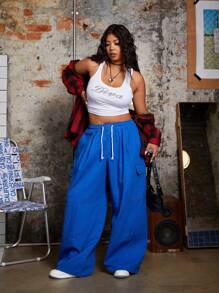 SHEIN ICON Plus Size Casual Drawstring Waist Loose Fit Solid Color Denim Cargo Pants For Spring/Autumn - Blue - View 4