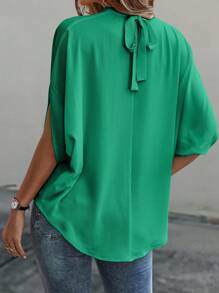 SHEIN Clasi 1 件女式休闲纯色蝙蝠袖立领系带衬衫，夏季 - 綠色 - 查看 2