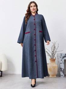 Al Najma 加大码拼色前扣长袖简约长袍，端庄优雅的阿拉伯长裙，适合旅行/休闲/居家/度假，长袍长袍 - 藏蓝色 - 查看 5