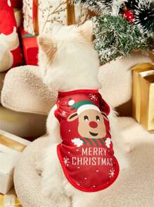 PETSIN 1 件可爱驯鹿“圣诞快乐”图案印花红色狗背心 - 彩色 - 查看 1