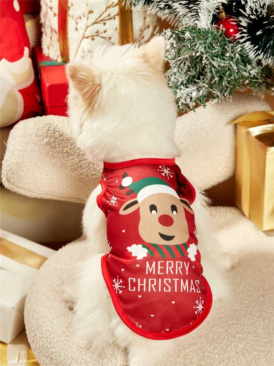 PETSIN 1 件可爱驯鹿“圣诞快乐”图案印花红色狗背心 - 彩色 - 查看 1